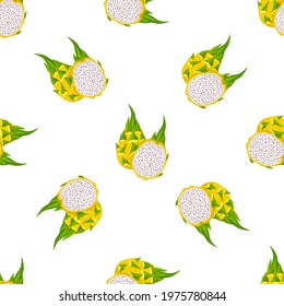 Seamless pattern with fresh whole and cut yellow pitaya fruits isolated on white background. Summer fruits for healthy lifestyle. Organic fruit. Cartoon style. Vector illustration for any design.