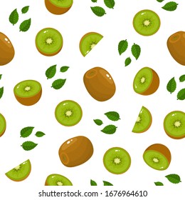 Seamless pattern with fresh whole half slice kiwi fruit and leaves on white background. Summer fruits for healthy lifestyle. Organic fruit. Cartoon style. Vector illustration for any design.