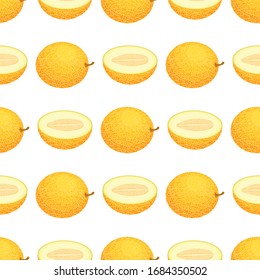 Nahtloses Muster mit frischen ganzen und halben Melonenfrüchten auf weißem Hintergrund. Honigtaube Melone. Sommerfrüchte für gesunden Lebensstil. Bio-Früchte. Vektorillustration-Illustration für jedes Design.