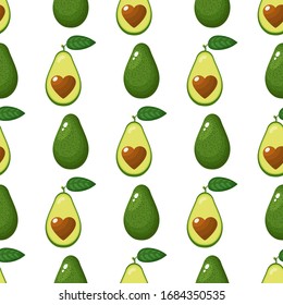 Patrón sin inconvenientes con todo fresco, medio aguacate con el corazón aislado en fondo blanco. Frutas de verano para un estilo de vida saludable. Fruta orgánica. Estilo de caricatura. Ilustración vectorial para cualquier diseño.