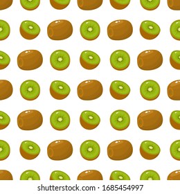 Seamless pattern with fresh whole and half kiwi fruit on white background. Summer fruits for healthy lifestyle. Organic fruit. Cartoon style. Vector illustration for any design.