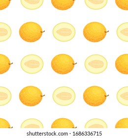 Seamless pattern with fresh whole and half melon fruit on white background. Honeydew melon. Summer fruits for healthy lifestyle. Organic fruit. Vector illustration for any design.