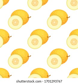 Patrón inoxidable con fruta entera fresca y mitad melón sobre fondo blanco. Melón de mimbre.Frutas de verano para un estilo de vida saludable. Fruta orgánica. Ilustración vectorial para cualquier diseño.