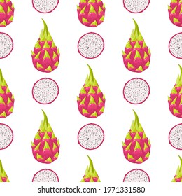 Seamless pattern with fresh whole and half cut red pitaya fruits isolated on white background. Summer fruits for healthy lifestyle. Organic fruit. Cartoon style. Vector illustration for any design.
