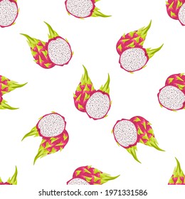 Seamless pattern with fresh whole and half cut red pitaya fruits isolated on white background. Summer fruits for healthy lifestyle. Organic fruit. Cartoon style. Vector illustration for any design.