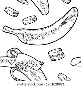 Patrón sin foco fresco entero, medio pelado y rebanado de plátano. Aislado sobre el fondo blanco. Ilustración de grabado vintage de color negro para menú y etiqueta
