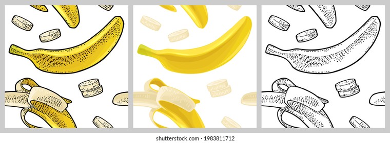 Patrón sin foco fresco entero, medio pelado y rebanado de plátano. Aislado sobre el fondo blanco. Ilustración de grabado vintage de color con mano para menú y etiqueta