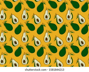 Seamless pattern of fresh whole and halved avocados drawn in line art style on a bright orange background. The texture of the contours with multi-colored substrates. Vector.