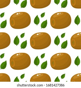Seamless pattern with fresh whole kiwi fruit and leaves on white background. Summer fruits for healthy lifestyle. Organic fruit. Cartoon style. Vector illustration for any design.