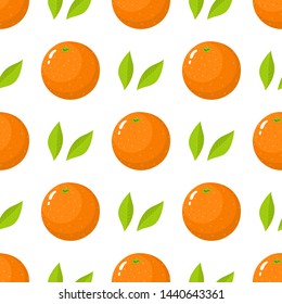 Seamless pattern with fresh whole orange fruit and green leaves on white background. Tangerine. Organic fruit. Cartoon style. Vector illustration for design, web, wrapping paper, fabric, wallpaper.