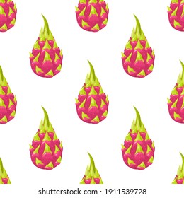 Seamless pattern with fresh whole red pitaya fruits isolated on white background. Summer fruits for healthy lifestyle. Organic fruit. Cartoon style. Vector illustration for any design.