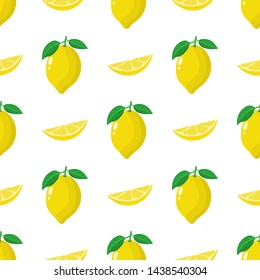 Seamless pattern with fresh whole, slice lemon fruit on white background. Vector illustration for design, web, wrapping paper, fabric, wallpaper.