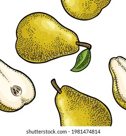 Seamless pattern fresh whole and slice pear. Isolated on the white background. Vector color hand drawn vintage engraving illustration for menu and label