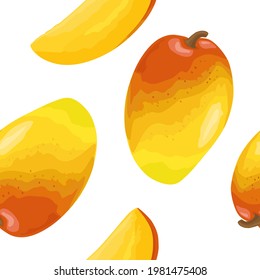 Nahtlose Muster frisch, ganz und in Scheiben Mango. Einzeln auf weißem Hintergrund. Vektorfarben-Flache-Illustration für Menü und Beschriftung