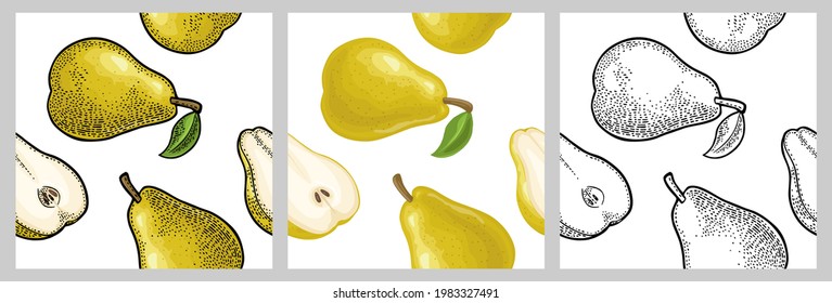 Patrón sin foco fresco entero y rebanar la pera. Aislado sobre el fondo blanco. Ilustración de grabado vintage de color con mano para menú y etiqueta