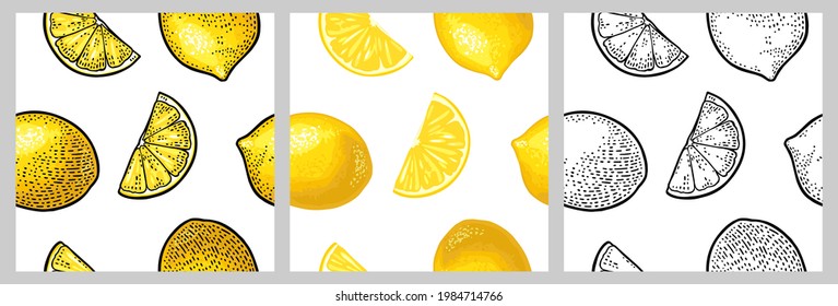 Seamless pattern fresh whole and slice lemon. Isolated on the white background. Vector color and monochrome hand drawn vintage engraving illustration for menu and label