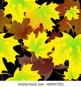 Seamless pattern of fresh yellow autumn maple leaves on a black background