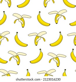 Seamless pattern of fresh yellow bananas on white background in flat style vector graphic illustration. Fruit pattern for cloth, textile, wrap, tshirt, apparel.