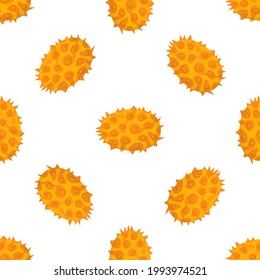 Patrón inmaculado con fruta fresca amarilla de kiwano y flores aisladas de fondo blanco. Frutos de verano para un estilo de vida saludable. Fruta orgánica. Estilo de caricatura. Ilustración vectorial para cualquier diseño.
