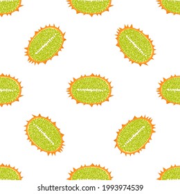 Patrón inmaculado con fruta fresca amarilla de kiwano y flores aisladas de fondo blanco. Frutos de verano para un estilo de vida saludable. Fruta orgánica. Estilo de caricatura. Ilustración vectorial para cualquier diseño.