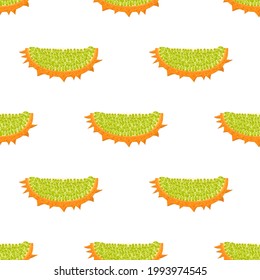 Seamless pattern with fresh yellow kiwano fruit and flowers isolated on white background. Summer fruits for healthy lifestyle. Organic fruit. Cartoon style. Vector illustration for any design.