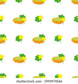 Patrón inmaculado con fruta fresca amarilla de kiwano y flores aisladas de fondo blanco. Frutos de verano para un estilo de vida saludable. Fruta orgánica. Estilo de caricatura. Ilustración vectorial para cualquier diseño.