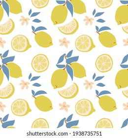 Seamless pattern of fresh yellow lemon fruit with green leaves, slices in hand drawing style isolated on white background. Vector flat illustration. Design for textile, wallpaper, wrapping