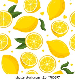 Seamless pattern of fresh yellow lemon fruit with green leaves, slices isolated on white background. Vector flat illustration. The print is well suited for textiles, Wallpaper and packaging