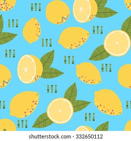 Seamless pattern with fresh yellow lemon and green leaves on the blue background
