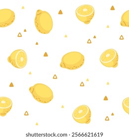 Seamless pattern of fresh yellow lemons. Halved and whole citrus tropical fruit, with juicy segmented juice sac. Vector illustration on white background