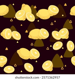 Seamless pattern of fresh yellow lemons. Halved and whole citrus tropical fruit, with juicy segmented juice sac. Vector illustration on dark background