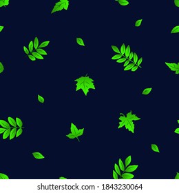 Seamless pattern of fresh young green leaves on a blue background. Spring composition. Vector image.  