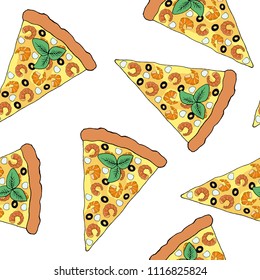 Seamless pattern of freshly cooked tasty pizza with shrimps, cheeses, green and olives