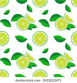 Seamless pattern of freshly sliced Limes and green leaves on white background.