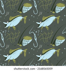 Seamless pattern with freshwater fishing tackle set. Cheerful pike and tackle for her fishing. Texture for the design of textiles, packaging with the theme of fishing. Illustration in cart