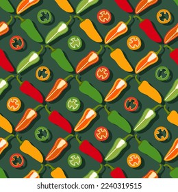 Patrón sin foco con pimientos de chile Fresno. Pimientos frescos rojos, verdes y naranjas. Pimienta chile. Verduras. Estilo plano. Ilustración vectorial aislada en fondo verde.