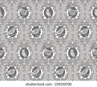 Seamless Pattern Fretwork with Birds Black & White Dark