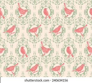 Seamless Pattern Fretwork with Birds Retro