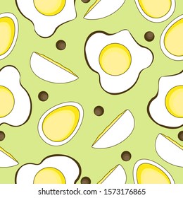 Seamless pattern of fried and boiled eggs. Background breakfast in the morning.