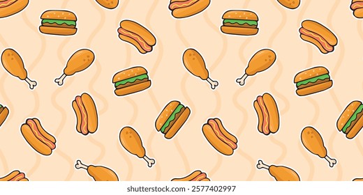 Seamless pattern with fried chicken legs. Pattern for packing fried chicken. Fast food packaging. beautiful seamless pattern.	