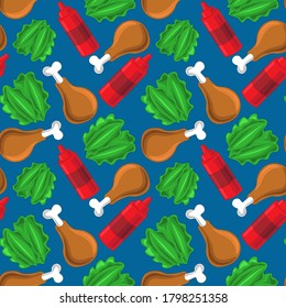 Seamless pattern with fried chicken, salad and ketchup