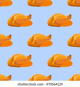 Seamless pattern with fried chicken or turkey on blue background. Vector texture.
