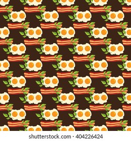 Seamless pattern with fried egg, herbs and slices of bacon on a brown background.