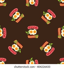 Seamless pattern with fried egg, herbs, sausages and bacon on a brown background.