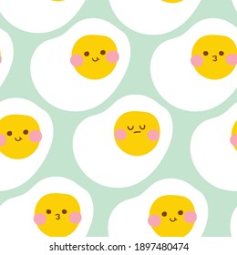 Seamless pattern of fried egg on blue background.Cute cartoon character design.Baby graphic.Face smile.Hand drawn.Doodle.Wallpaper.Texture.Gift paper.Vector.Illustration.