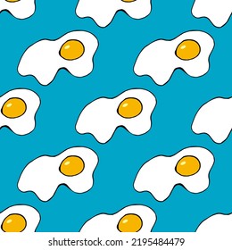Seamless pattern with fried egg on blue background. Vector image.
