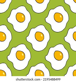 Seamless pattern with fried egg on green background. Vector image.