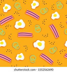 Seamless pattern with fried eggs, bacon, onions, decor elements on a neutral background. vector. hand drawing. food theme. design for print wrappers