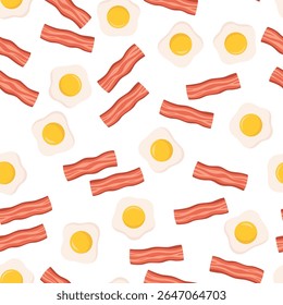 seamless pattern with fried eggs and bacon on white background, flat vector illustration