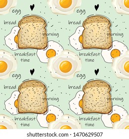Seamless pattern with fried eggs and bread. Breakfast time. Good morning. Wallpaper, print, wrapping paper, textile design. Vector illustration.